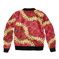 Red Palaka Hawaii Mele Kalikimaka Bomber Jacket Ohia Lehua Monstera Puakenikeni Lei - Polynesian Pride