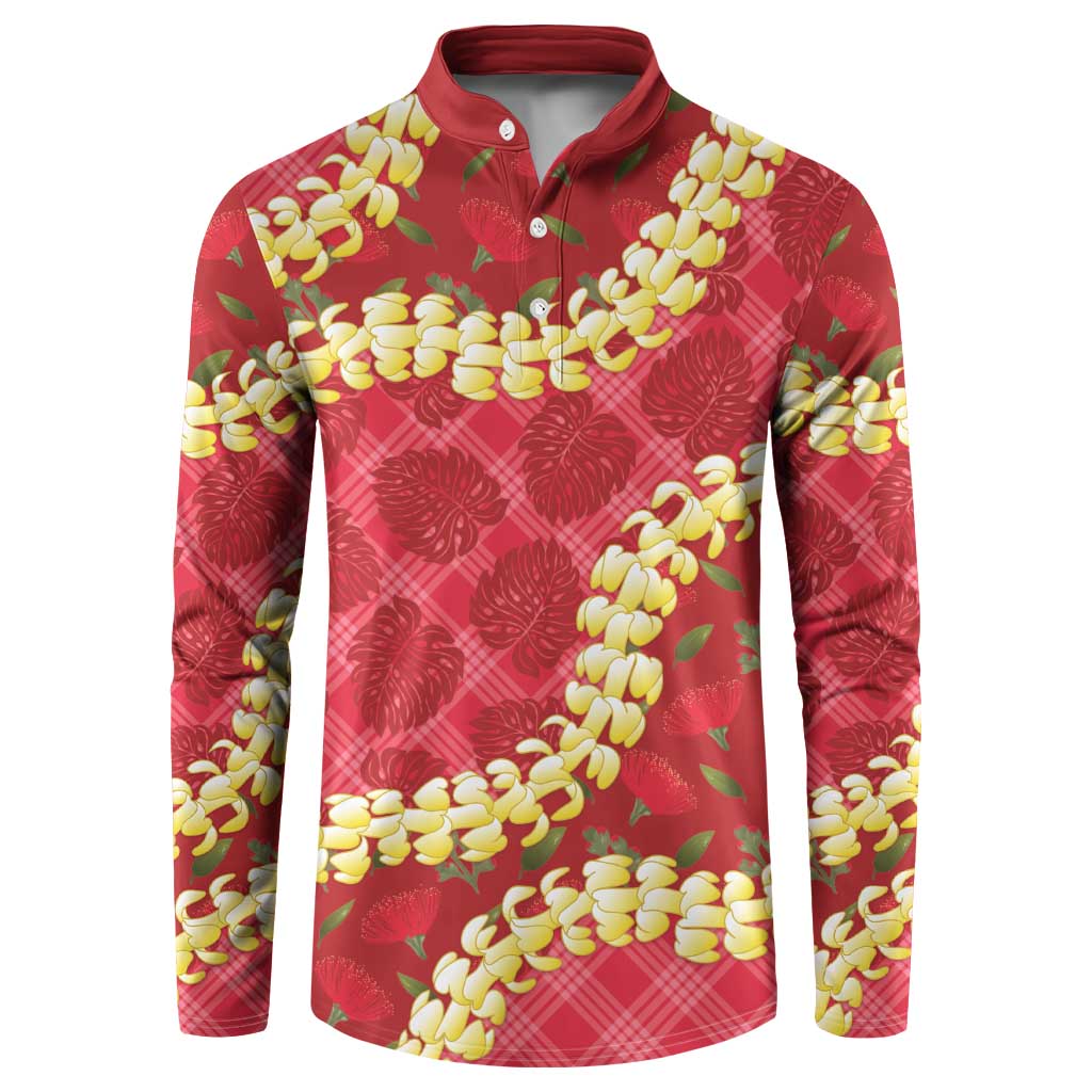 Red Palaka Hawaii Mele Kalikimaka Button Sweatshirt Ohia Lehua Monstera Puakenikeni Lei - Polynesian Pride