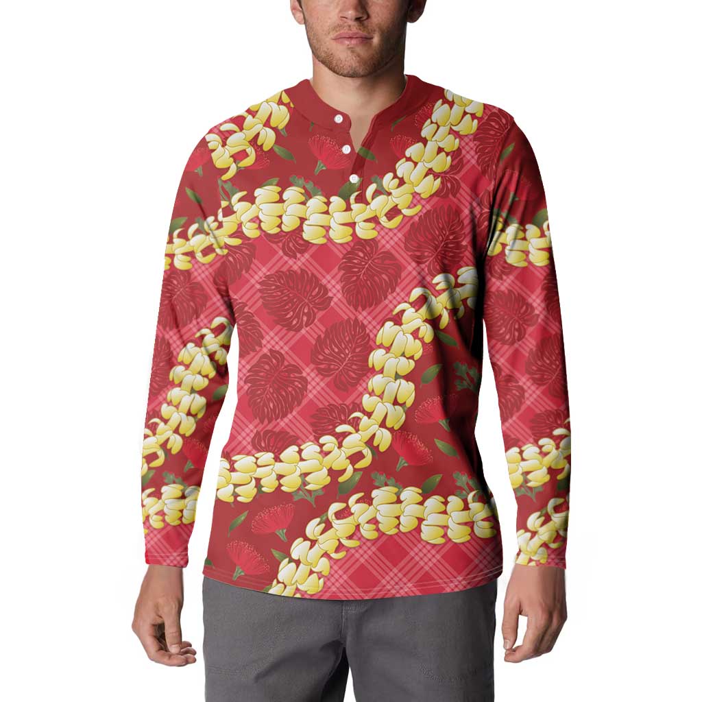 Red Palaka Hawaii Mele Kalikimaka Button Sweatshirt Ohia Lehua Monstera Puakenikeni Lei - Polynesian Pride