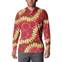 Red Palaka Hawaii Mele Kalikimaka Button Sweatshirt Ohia Lehua Monstera Puakenikeni Lei - Polynesian Pride