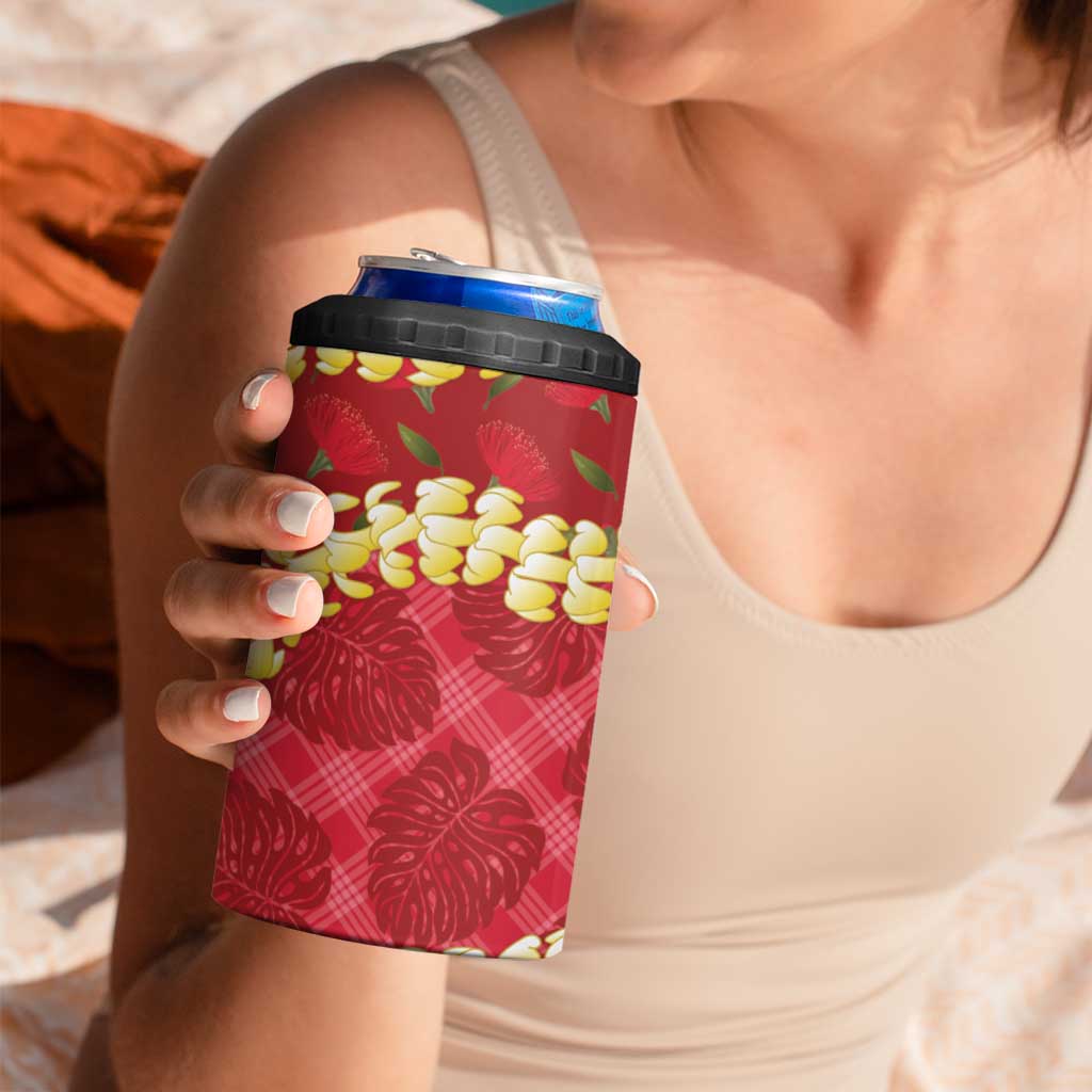 Red Palaka Hawaii Mele Kalikimaka 4 in 1 Can Cooler Tumbler Ohia Lehua Monstera Puakenikeni Lei - Polynesian Pride