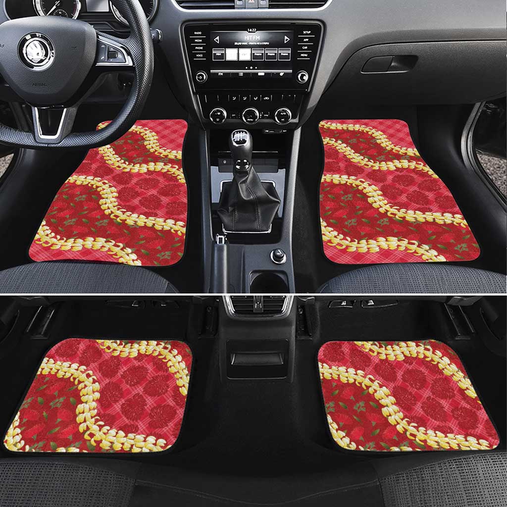 Red Palaka Hawaii Mele Kalikimaka Car Mats Ohia Lehua Monstera Puakenikeni Lei - Polynesian Pride