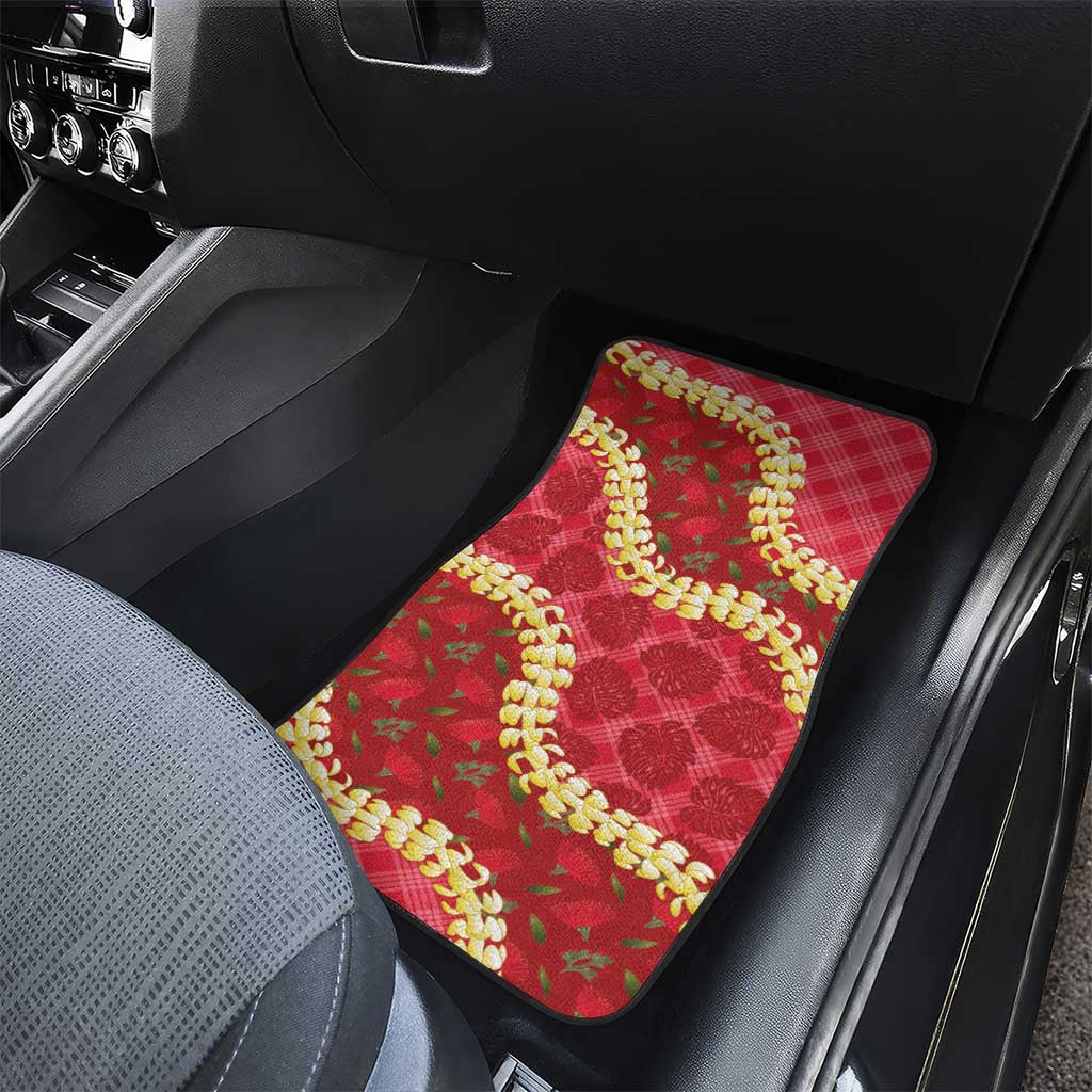 Red Palaka Hawaii Mele Kalikimaka Car Mats Ohia Lehua Monstera Puakenikeni Lei - Polynesian Pride
