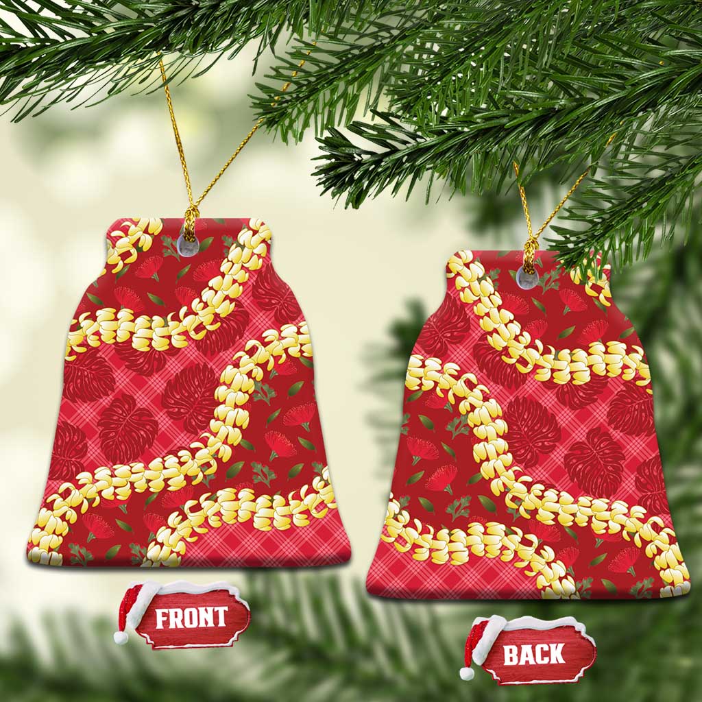 Red Palaka Hawaii Mele Kalikimaka Ceramic Ornament Ohia Lehua Monstera Puakenikeni Lei - Polynesian Pride
