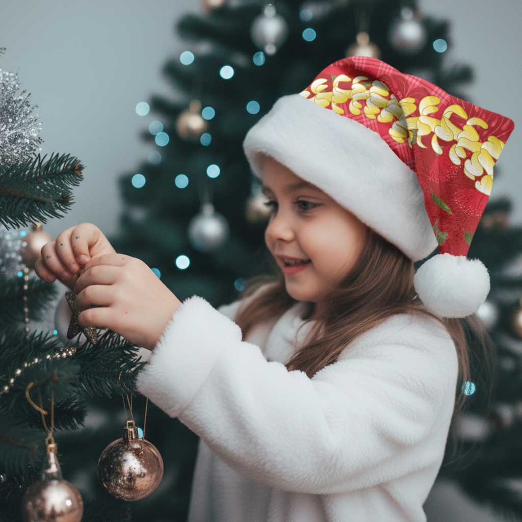 Red Palaka Hawaii Mele Kalikimaka Christmas Santa Hat Ohia Lehua Monstera Puakenikeni Lei - Polynesian Pride