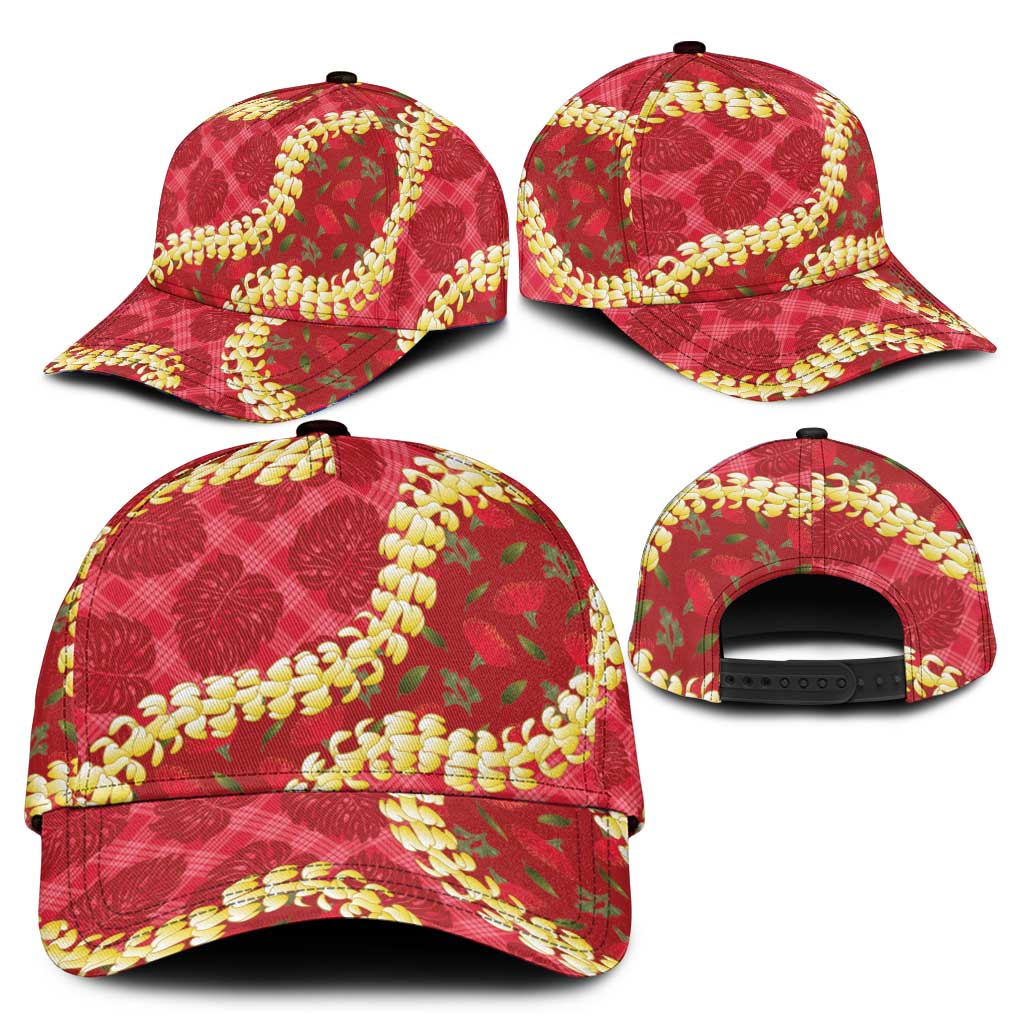 Red Palaka Hawaii Mele Kalikimaka Classic Cap Ohia Lehua Monstera Puakenikeni Lei - Polynesian Pride