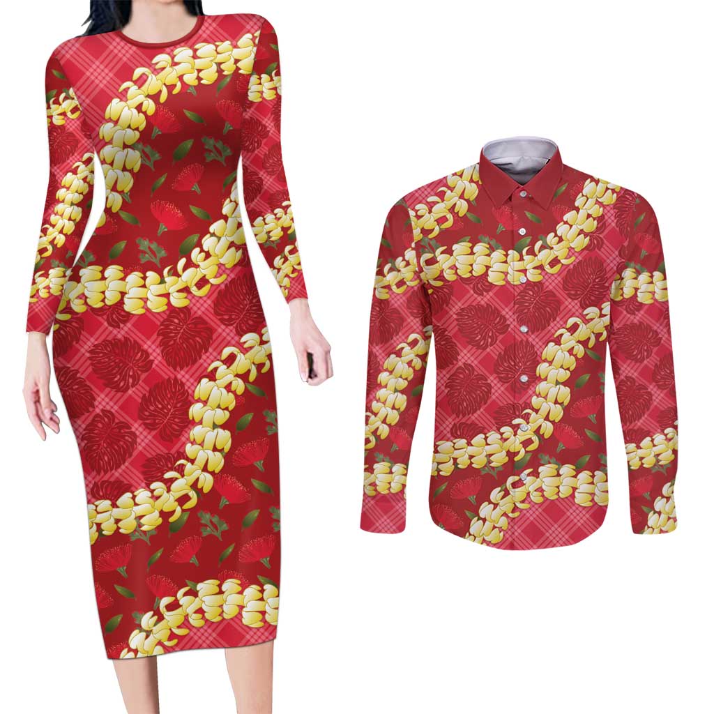 Red Palaka Hawaii Mele Kalikimaka Couples Matching Long Sleeve Bodycon Dress and Long Sleeve Button Shirt Ohia Lehua Monstera Puakenikeni Lei - Polynesian Pride