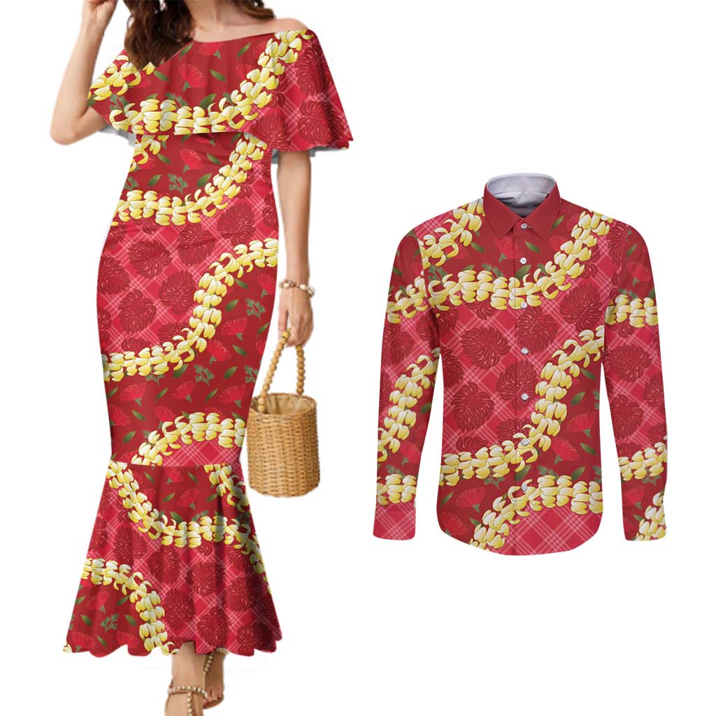 Red Palaka Hawaii Mele Kalikimaka Couples Matching Mermaid Dress and Long Sleeve Button Shirt Ohia Lehua Monstera Puakenikeni Lei - Polynesian Pride