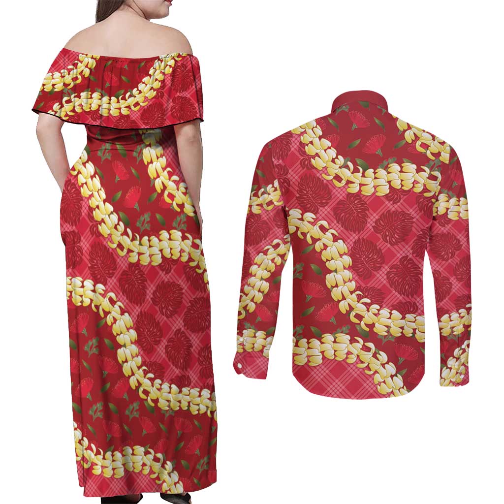 Red Palaka Hawaii Mele Kalikimaka Couples Matching Off Shoulder Maxi Dress and Long Sleeve Button Shirt Ohia Lehua Monstera Puakenikeni Lei - Polynesian Pride