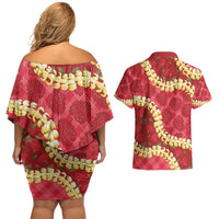 Red Palaka Hawaii Mele Kalikimaka Couples Matching Off Shoulder Short Dress and Hawaiian Shirt Ohia Lehua Monstera Puakenikeni Lei - Polynesian Pride