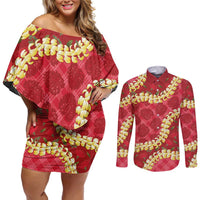 Red Palaka Hawaii Mele Kalikimaka Couples Matching Off Shoulder Short Dress and Long Sleeve Button Shirt Ohia Lehua Monstera Puakenikeni Lei - Polynesian Pride