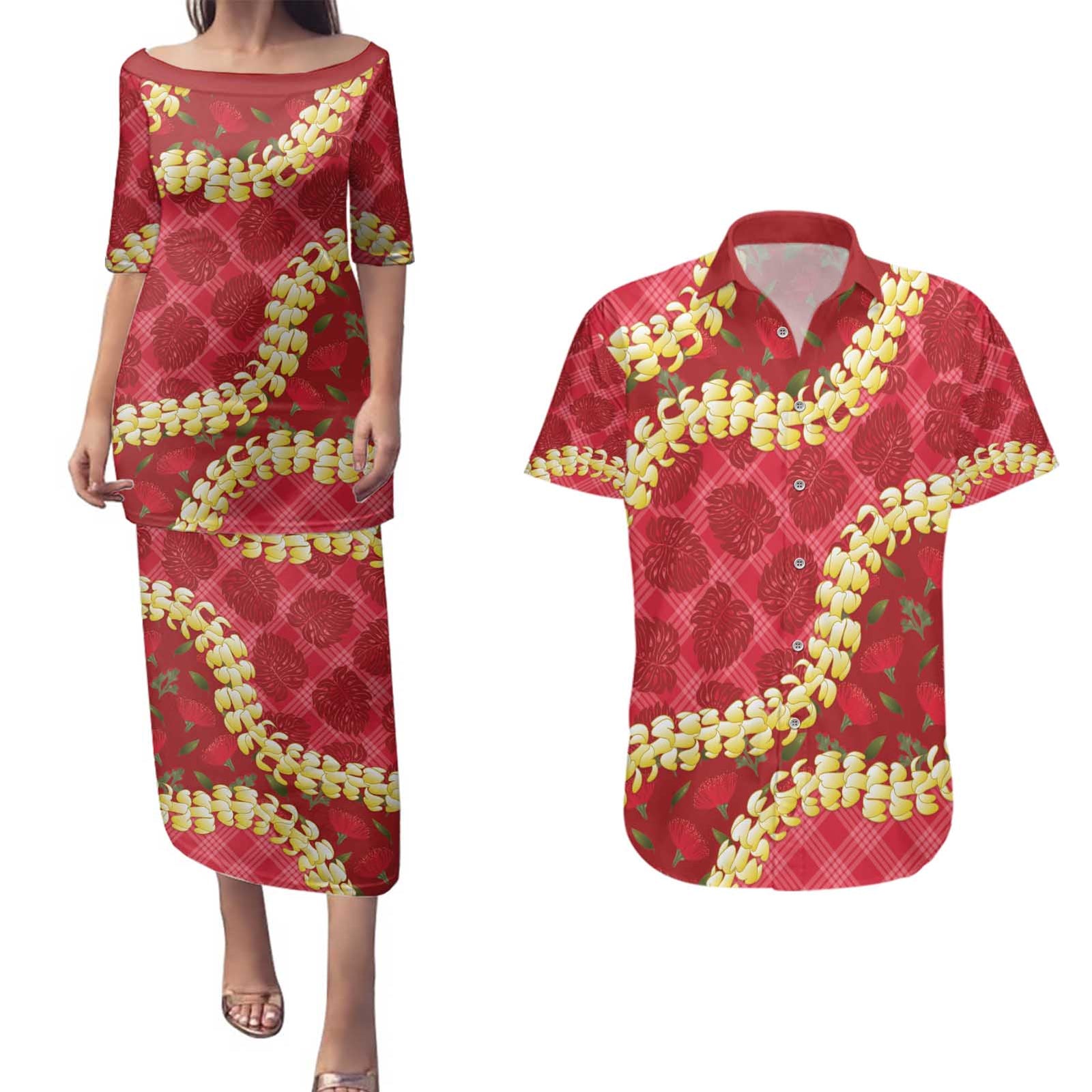 Red Palaka Hawaii Mele Kalikimaka Couples Matching Puletasi and Hawaiian Shirt Ohia Lehua Monstera Puakenikeni Lei - Polynesian Pride
