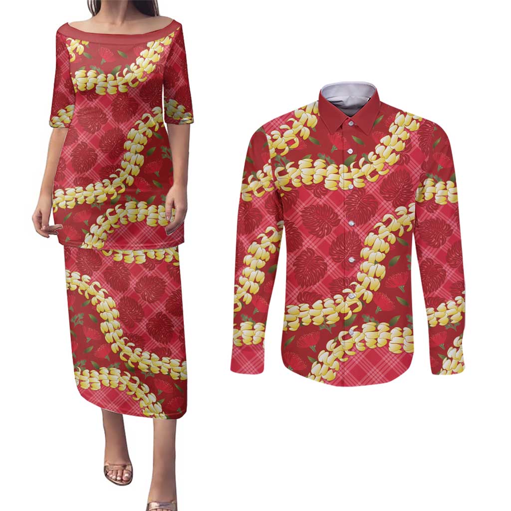Red Palaka Hawaii Mele Kalikimaka Couples Matching Puletasi and Long Sleeve Button Shirt Ohia Lehua Monstera Puakenikeni Lei - Polynesian Pride