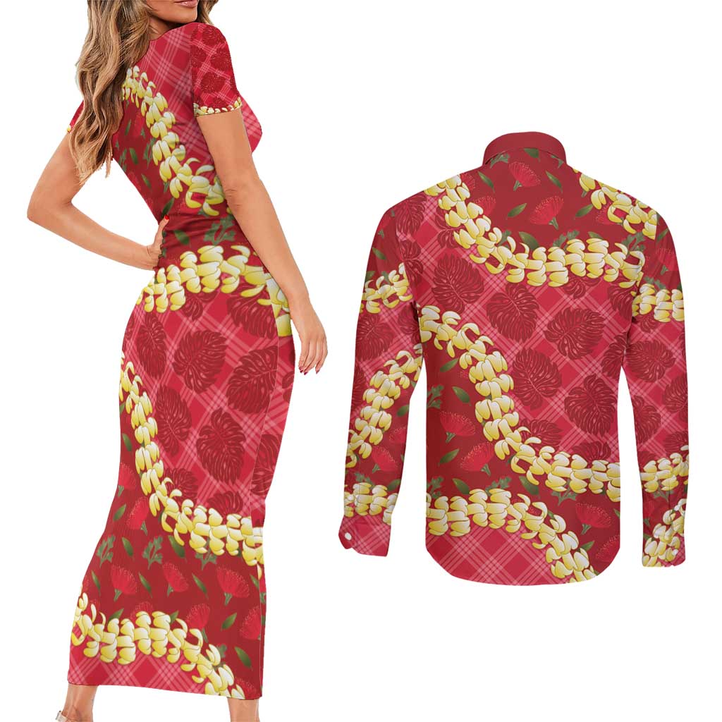 Red Palaka Hawaii Mele Kalikimaka Couples Matching Short Sleeve Bodycon Dress and Long Sleeve Button Shirt Ohia Lehua Monstera Puakenikeni Lei - Polynesian Pride