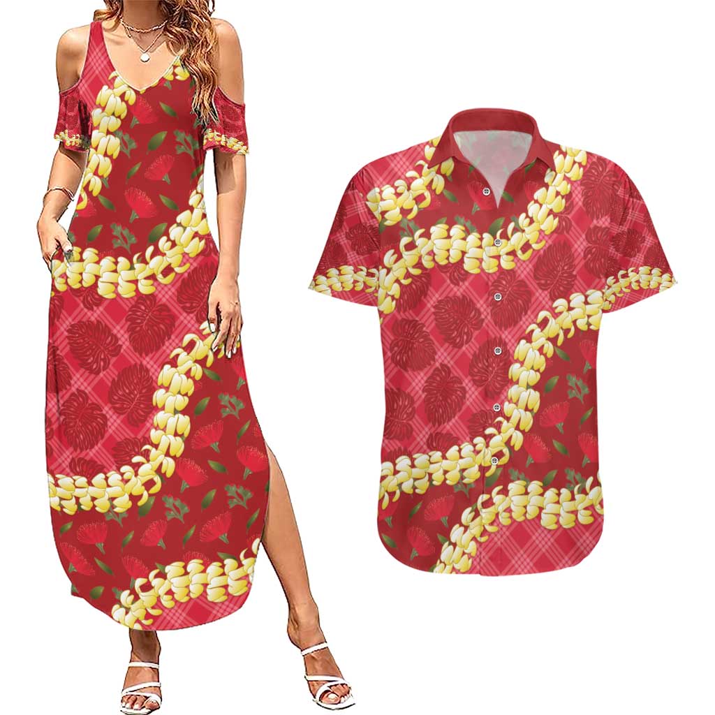 Red Palaka Hawaii Mele Kalikimaka Couples Matching Summer Maxi Dress and Hawaiian Shirt Ohia Lehua Monstera Puakenikeni Lei - Polynesian Pride