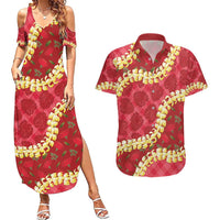 Red Palaka Hawaii Mele Kalikimaka Couples Matching Summer Maxi Dress and Hawaiian Shirt Ohia Lehua Monstera Puakenikeni Lei - Polynesian Pride