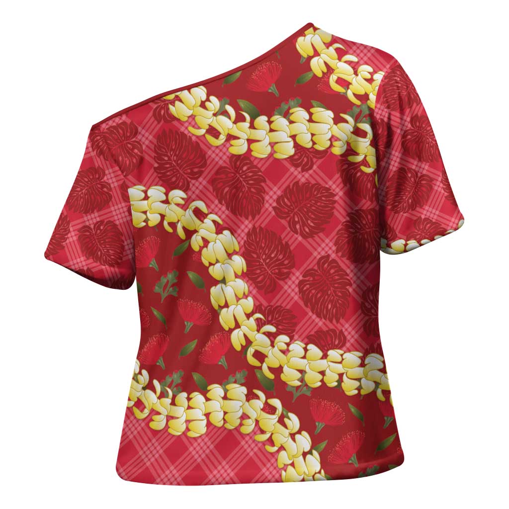Red Palaka Hawaii Mele Kalikimaka Cross Shoulder Shirt Ohia Lehua Monstera Puakenikeni Lei - Polynesian Pride