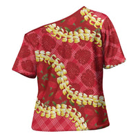 Red Palaka Hawaii Mele Kalikimaka Cross Shoulder Shirt Ohia Lehua Monstera Puakenikeni Lei - Polynesian Pride