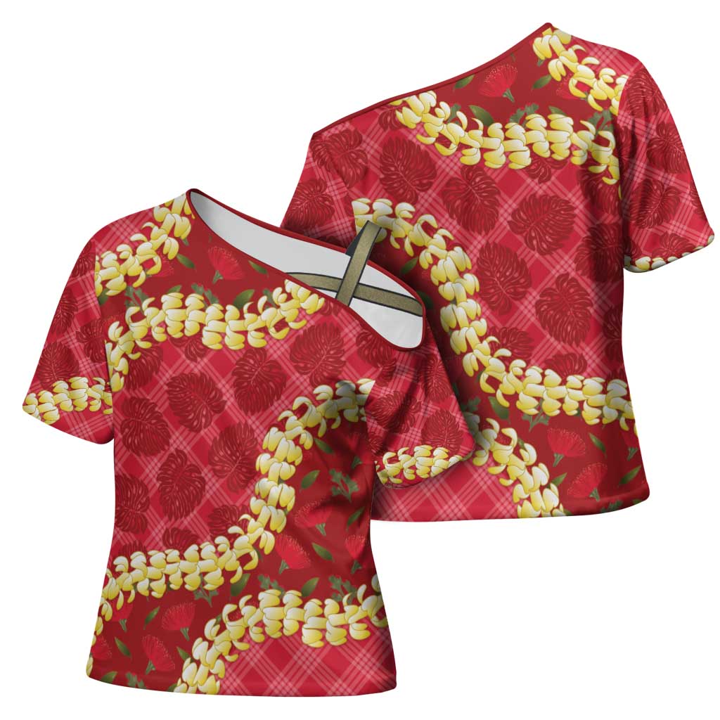 Red Palaka Hawaii Mele Kalikimaka Cross Shoulder Shirt Ohia Lehua Monstera Puakenikeni Lei - Polynesian Pride