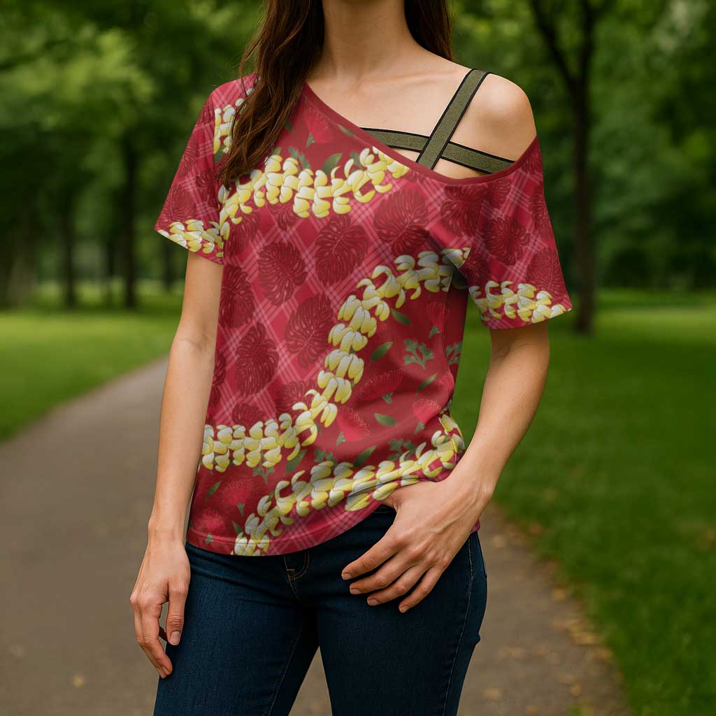 Red Palaka Hawaii Mele Kalikimaka Cross Shoulder Shirt Ohia Lehua Monstera Puakenikeni Lei - Polynesian Pride