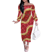 Red Palaka Hawaii Mele Kalikimaka Family Matching Off The Shoulder Long Sleeve Dress and Hawaiian Shirt Ohia Lehua Monstera Puakenikeni Lei - Polynesian Pride
