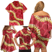 Red Palaka Hawaii Mele Kalikimaka Family Matching Off Shoulder Short Dress and Hawaiian Shirt Ohia Lehua Monstera Puakenikeni Lei - Polynesian Pride