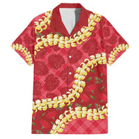 Red Palaka Hawaii Mele Kalikimaka Family Matching Off Shoulder Short Dress and Hawaiian Shirt Ohia Lehua Monstera Puakenikeni Lei - Polynesian Pride