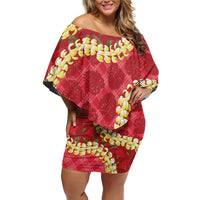 Red Palaka Hawaii Mele Kalikimaka Family Matching Off Shoulder Short Dress and Hawaiian Shirt Ohia Lehua Monstera Puakenikeni Lei - Polynesian Pride