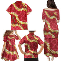 Red Palaka Hawaii Mele Kalikimaka Family Matching Puletasi and Hawaiian Shirt Ohia Lehua Monstera Puakenikeni Lei - Polynesian Pride