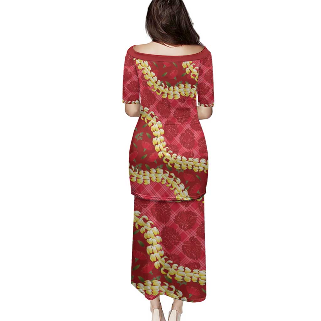 Red Palaka Hawaii Mele Kalikimaka Family Matching Puletasi and Hawaiian Shirt Ohia Lehua Monstera Puakenikeni Lei - Polynesian Pride