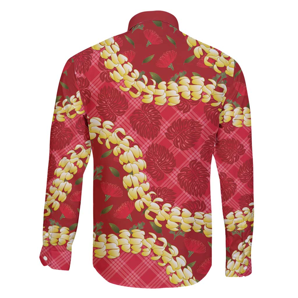 Red Palaka Hawaii Mele Kalikimaka Family Matching Short Sleeve Bodycon Dress and Hawaiian Shirt Ohia Lehua Monstera Puakenikeni Lei - Polynesian Pride