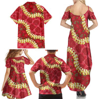 Red Palaka Hawaii Mele Kalikimaka Family Matching Summer Maxi Dress and Hawaiian Shirt Ohia Lehua Monstera Puakenikeni Lei - Polynesian Pride