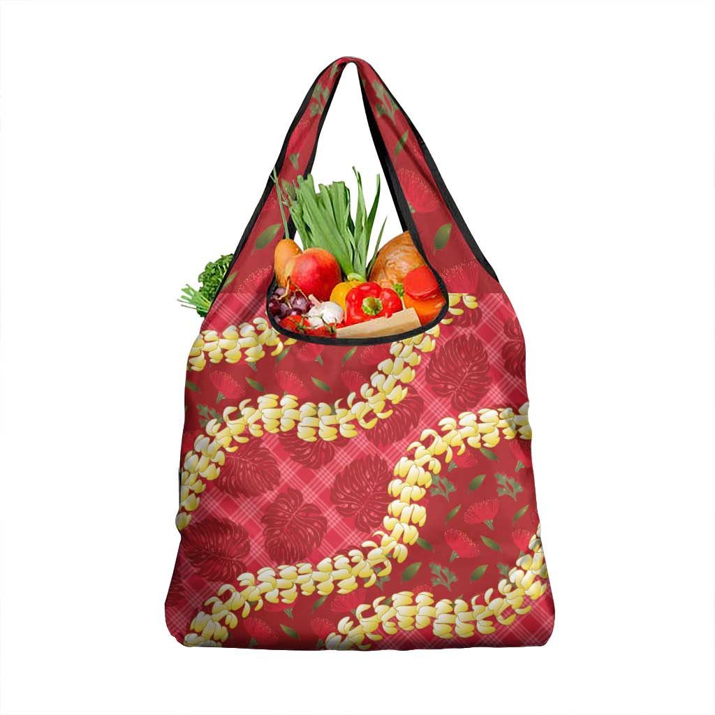 Red Palaka Hawaii Mele Kalikimaka Grocery Bag Ohia Lehua Monstera Puakenikeni Lei - Polynesian Pride