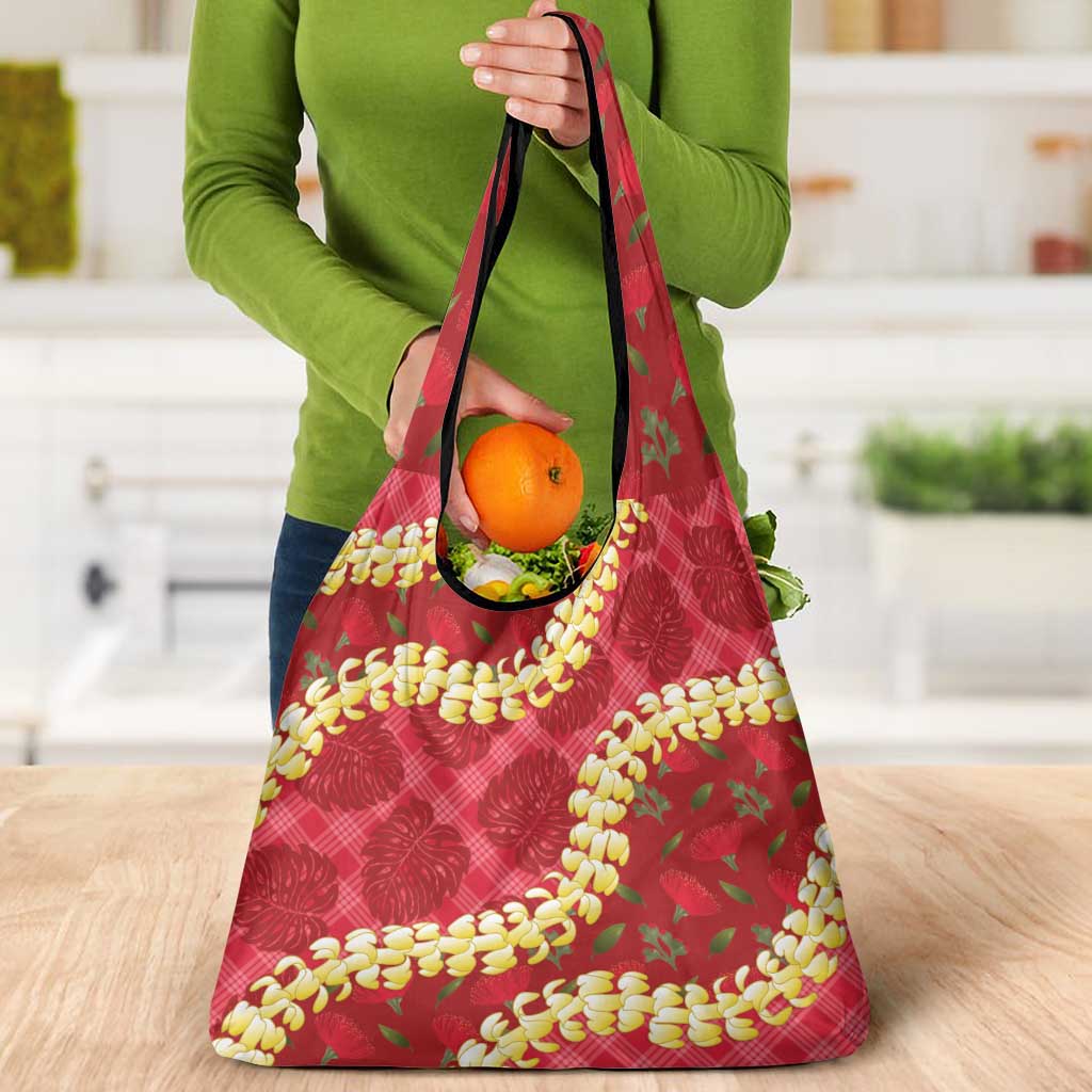 Red Palaka Hawaii Mele Kalikimaka Grocery Bag Ohia Lehua Monstera Puakenikeni Lei - Polynesian Pride