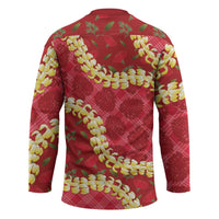 Red Palaka Hawaii Mele Kalikimaka Hockey Jersey Ohia Lehua Monstera Puakenikeni Lei - Polynesian Pride