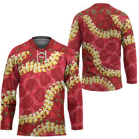 Red Palaka Hawaii Mele Kalikimaka Hockey Jersey Ohia Lehua Monstera Puakenikeni Lei - Polynesian Pride
