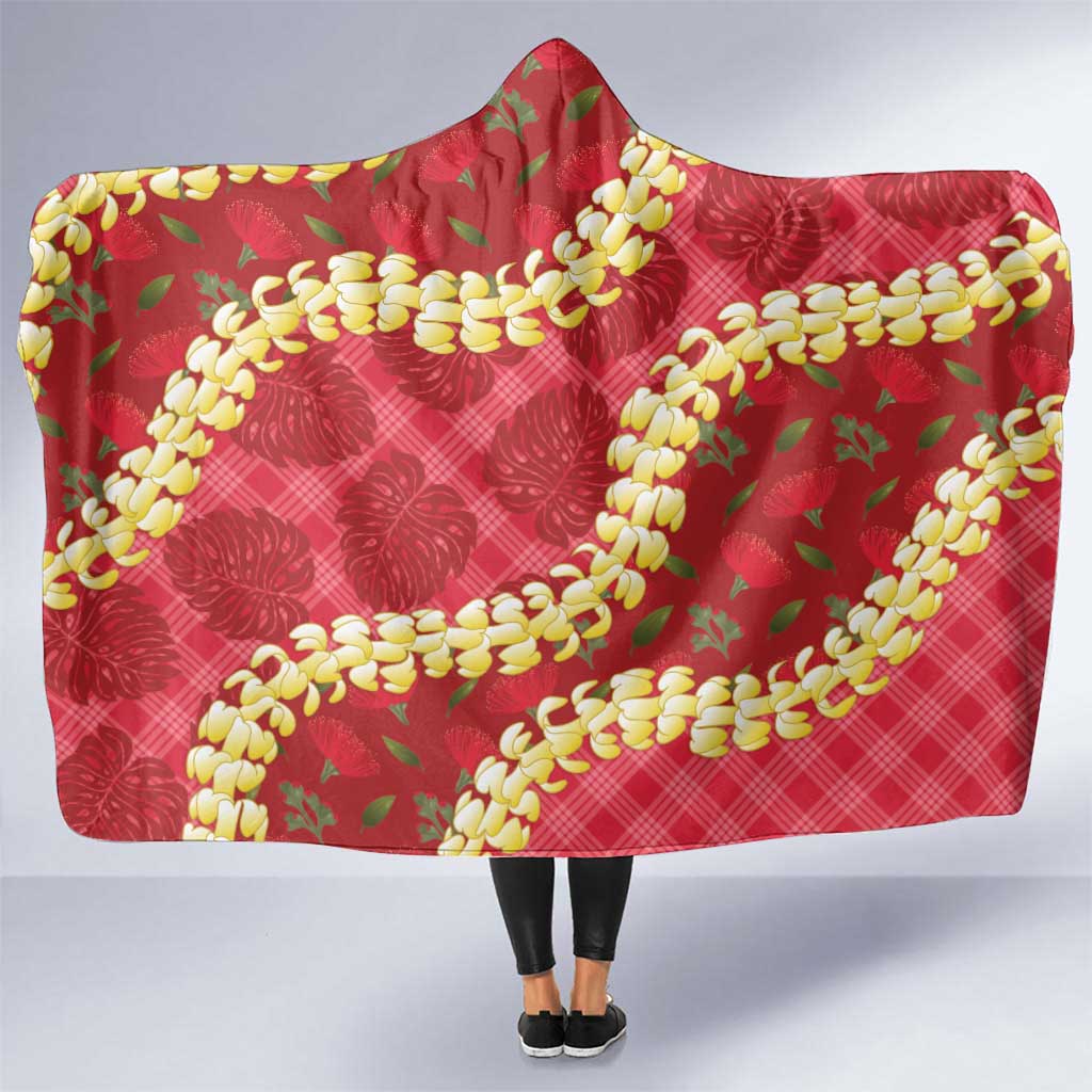 Red Palaka Hawaii Mele Kalikimaka Hooded Blanket Ohia Lehua Monstera Puakenikeni Lei - Polynesian Pride