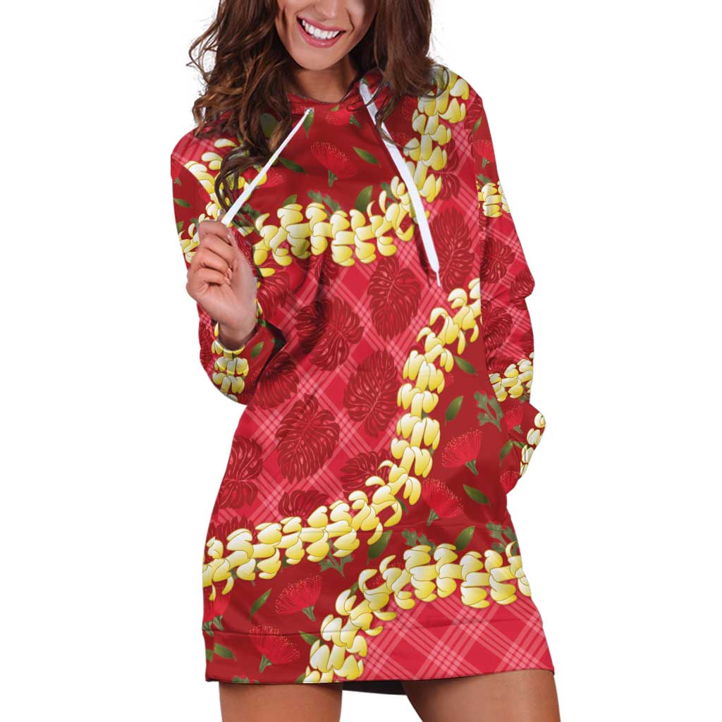 Red Palaka Hawaii Mele Kalikimaka Hoodie Dress Ohia Lehua Monstera Puakenikeni Lei - Polynesian Pride