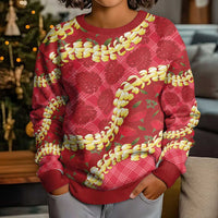 Red Palaka Hawaii Mele Kalikimaka Kid Ugly Christmas Sweater Ohia Lehua Monstera Puakenikeni Lei - Polynesian Pride