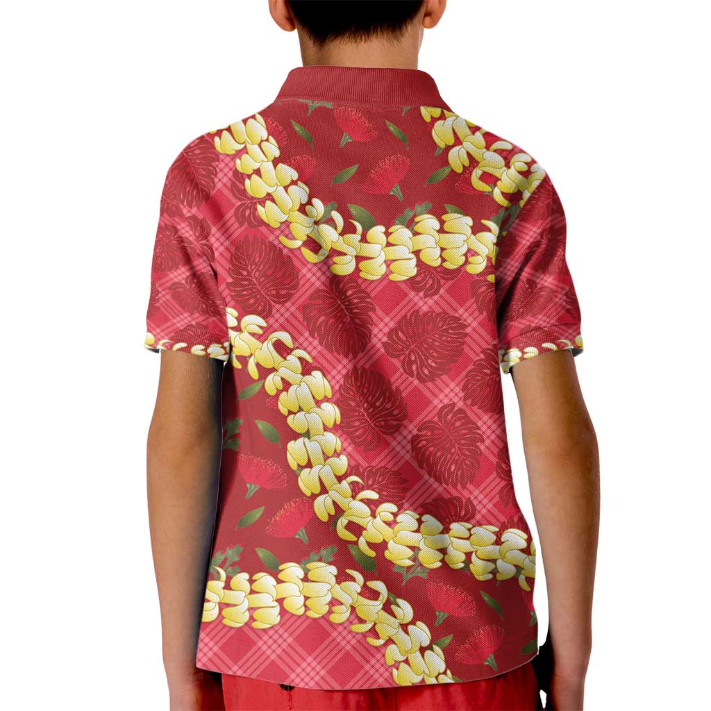 Red Palaka Hawaii Mele Kalikimaka Kid Polo Shirt Ohia Lehua Monstera Puakenikeni Lei - Polynesian Pride