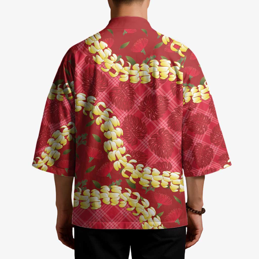 Red Palaka Hawaii Mele Kalikimaka Kimono Ohia Lehua Monstera Puakenikeni Lei - Polynesian Pride