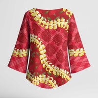 Red Palaka Hawaii Mele Kalikimaka Kimono Sleeve Blouse Ohia Lehua Monstera Puakenikeni Lei - Polynesian Pride