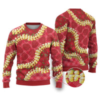 Red Palaka Hawaii Mele Kalikimaka Ugly Christmas Sweater Ohia Lehua Monstera Puakenikeni Lei - Polynesian Pride