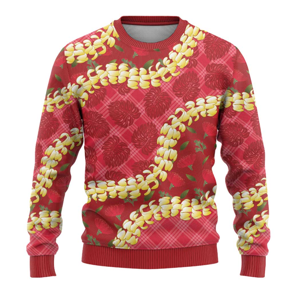 Red Palaka Hawaii Mele Kalikimaka Ugly Christmas Sweater Ohia Lehua Monstera Puakenikeni Lei - Polynesian Pride