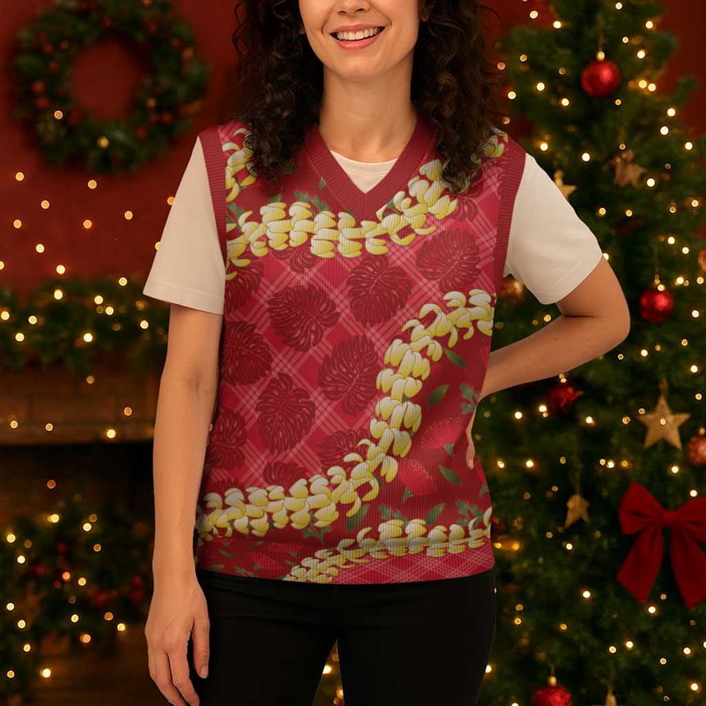 Red Palaka Hawaii Mele Kalikimaka Christmas Knitted V-Neck Vest Ohia Lehua Monstera Puakenikeni Lei - Polynesian Pride