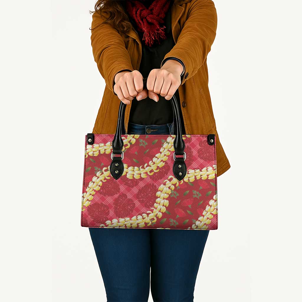 Red Palaka Hawaii Mele Kalikimaka Leather Bag Ohia Lehua Monstera Puakenikeni Lei - Polynesian Pride