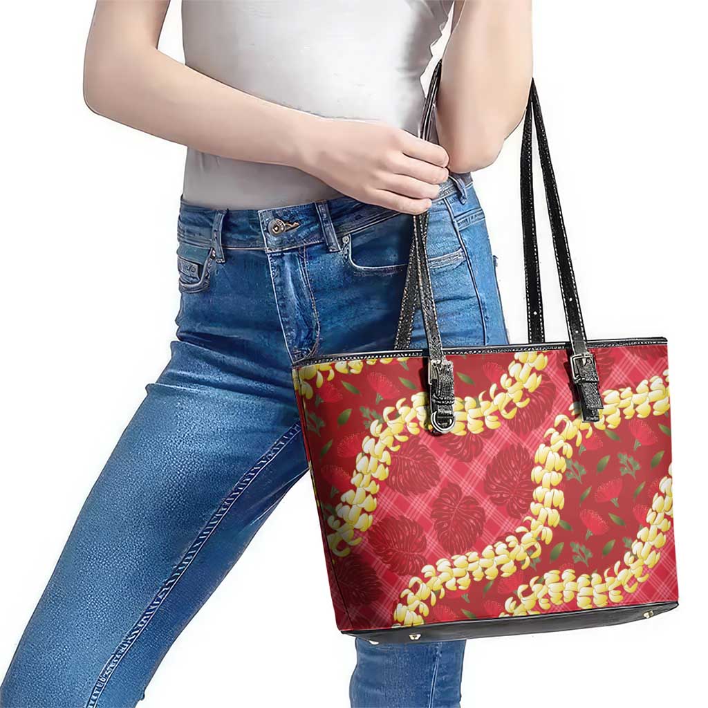Red Palaka Hawaii Mele Kalikimaka Leather Tote Bag Ohia Lehua Monstera Puakenikeni Lei - Polynesian Pride