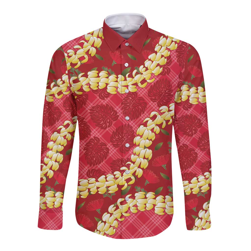 Red Palaka Hawaii Mele Kalikimaka Long Sleeve Button Shirt Ohia Lehua Monstera Puakenikeni Lei - Polynesian Pride