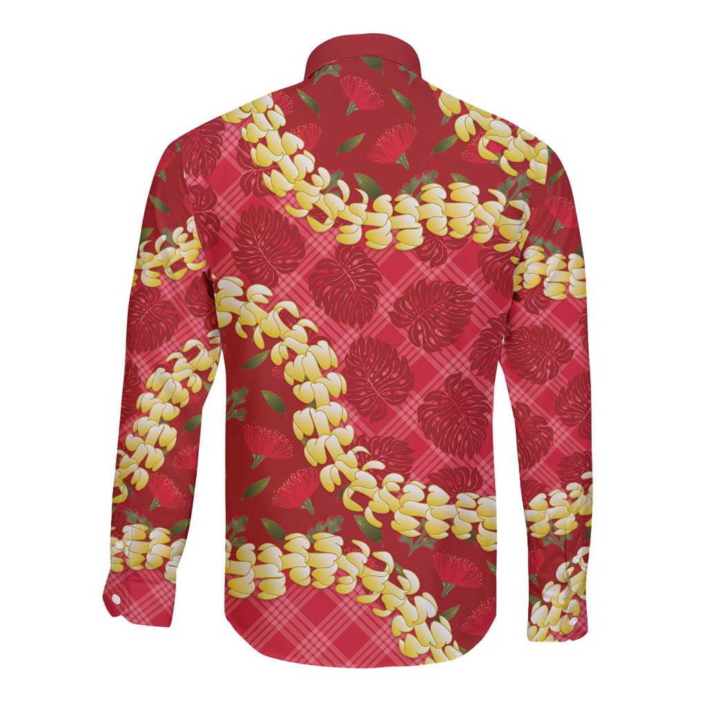Red Palaka Hawaii Mele Kalikimaka Long Sleeve Button Shirt Ohia Lehua Monstera Puakenikeni Lei - Polynesian Pride
