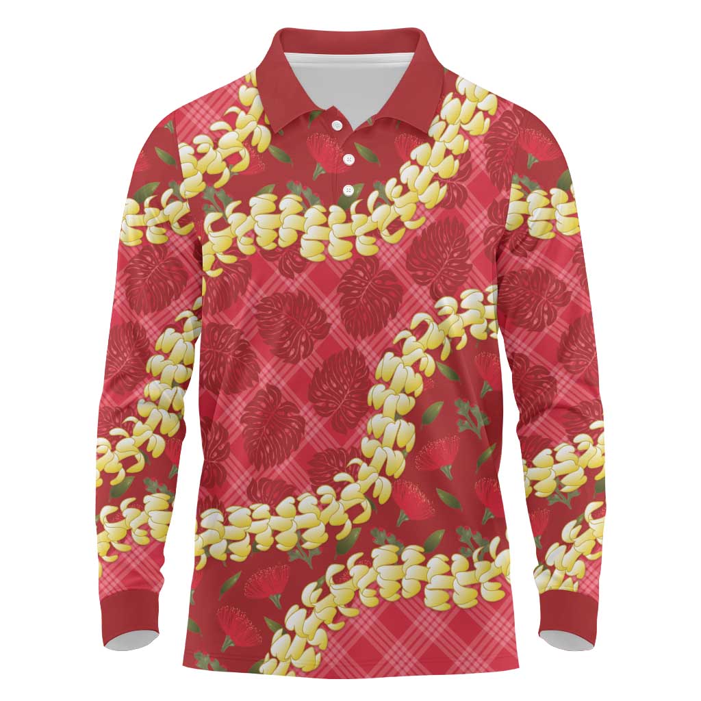 Red Palaka Hawaii Mele Kalikimaka Long Sleeve Polo Shirt Ohia Lehua Monstera Puakenikeni Lei - Polynesian Pride